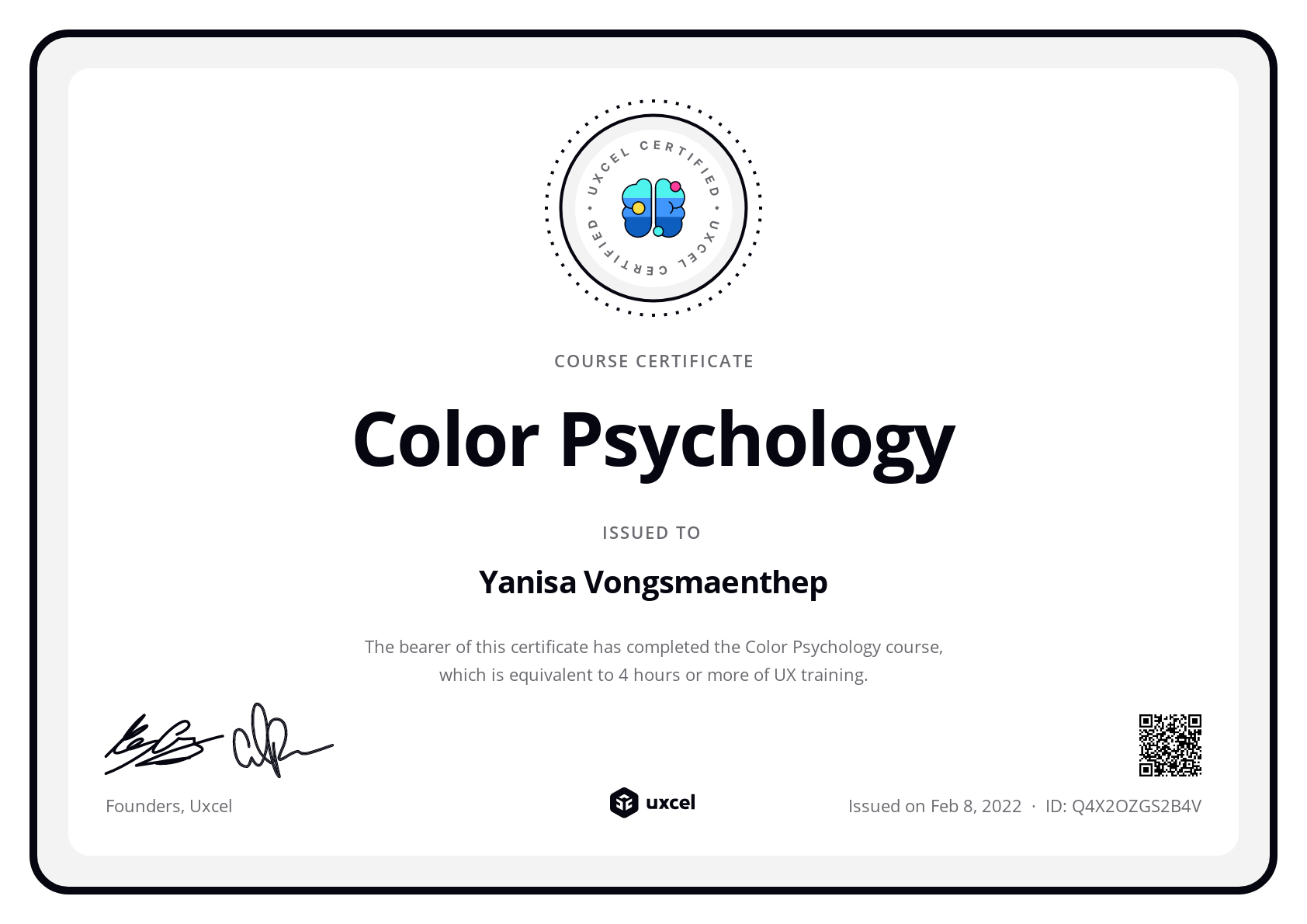 Yanisa Vongsmaenthep's certificate